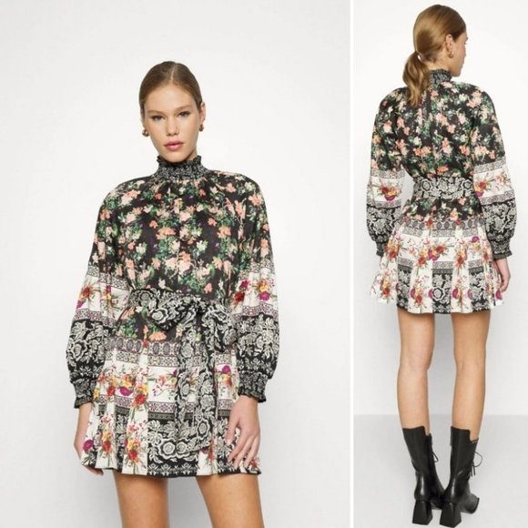 Alice + Olivia JANIS RAGLAN Floral belted mock neck boho Fall mini dress Size 6 - Picture 4 of 15